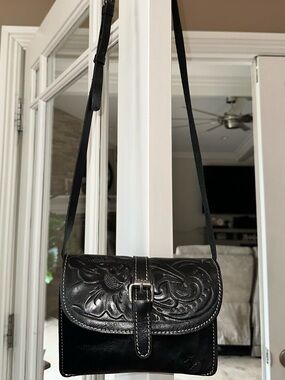 Patricia Hash - Black Tooled Leather Crossbody Bag (Handheld wallet size).